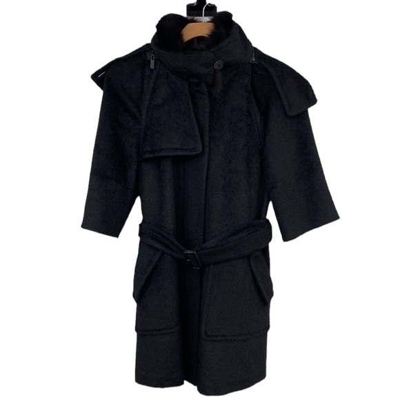 Obzee Kang Jin Young‎ Real Fur Trim Hooded Coat Jacket Womens Size 0 Black Goth